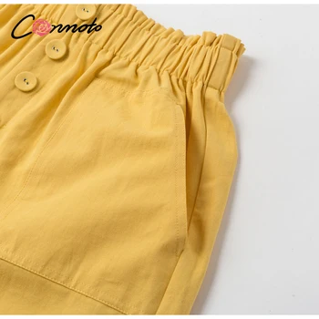 Conmoto mare elastic talie pantaloni scurți femei casual vacanta de vara butonul pantaloni scurți galben de sertizare streetwear buzunare pantaloni scurți