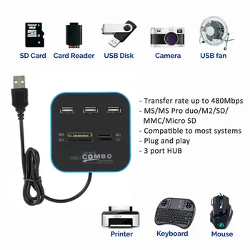 BGGQGG Hub USB 2.0 Cu 3 Porturi TF Cititor de Card Micro SD Slot USB Combo Multi All In One USB Splitter Cabluri Pentru Laptop Macbook