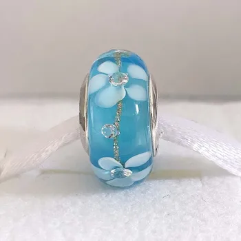 Original Albastru Cherry Blossom Gold Sparkle Lampwork Șirag de mărgele din Sticlă de Murano se Potrivesc Argint 925 Brățară DIY Bijuterii