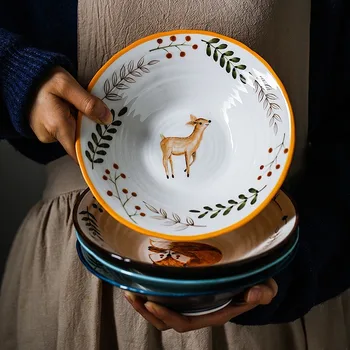 8 inch Ceramic Noodle Bowl Castron de Animale de Pădure Design Castron Mare Creator Restaurant de uz Casnic de Flori Castron