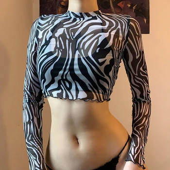 Femei Sexy 2 buc Maneca Lunga Crop Top Negru cu Bretele Halter Harajuku Dungi de Zebra Imprimate Pur ochiurilor de Plasă Subțire T-Shirt