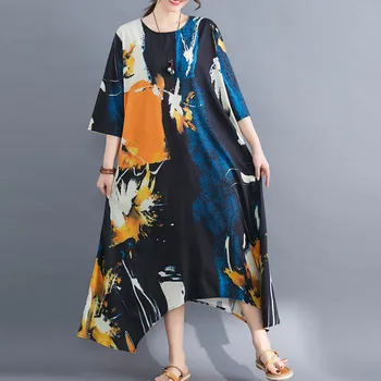 Femei Rochie Plus Dimensiune 2020 Sundress Vară De Artă Etnice Tipărite Maxi Rochii Lungi Vintage Din Bumbac Rochie A-Line Halat Femme Vestidos