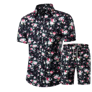 De vară pentru Bărbați Seturi 2018 Nou Print Floral Maneca Scurta Camasi Seturi de Moda Casual, Slim Fit Guler de Turn-down Costume de Barbati