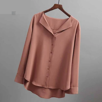 2021 Moda cu Maneci Lungi Șifon Bluza Femei Maro Cămăși Albe, Tunici pentru Femei Stil Office Cămașă de Mătase Femeie Bluza 5104 50