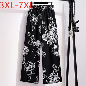 Noi 2021 vara plus dimensiune bordurare pantaloni pentru femei mare libertate casual largi picior print floral negru pantaloni lungi 3XL 4XL 5XL 6XL 7XL