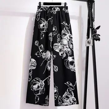 Noi 2021 vara plus dimensiune bordurare pantaloni pentru femei mare libertate casual largi picior print floral negru pantaloni lungi 3XL 4XL 5XL 6XL 7XL