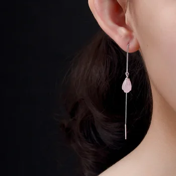 Argint 925 roz de cristal picătură cercei lucrate manual moda naturale cuart roz de magnolie cercei pentru femei bijuterii de cristal
