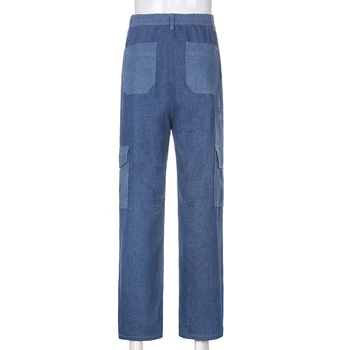 Buzunare mari Blugi Largi pentru Femei de Înaltă Talie Pantaloni Vintage Streetwear Pantaloni de Marfă Harajuku Blugi Denim Mozaic Blugi pentru Femei
