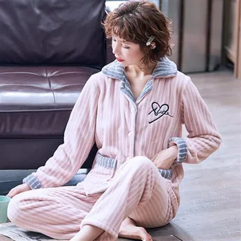 Femei Casual Homewear Cald Sexy Dungă De Culoare Solidă Cald Sexy Pijamale 2020 Iarna Noua Moda Flanel Gros Mama Sleepwear