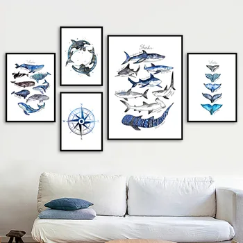 Desene Animate Balena Albastra Coadă De Pește Fin Busola Arta De Perete Panza Pictura Nordică Postere Si Printuri Poze De Perete Pentru Camera Copii Decor