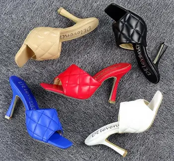 Marian Sqaure Toe Rosu Matlasat Catâr Tocuri de Pantofi PU Negru Pantofi cu Toc pentru Femei Sandale Sliper Femeie Pantofi Zapatos Mujer Alb Albastru