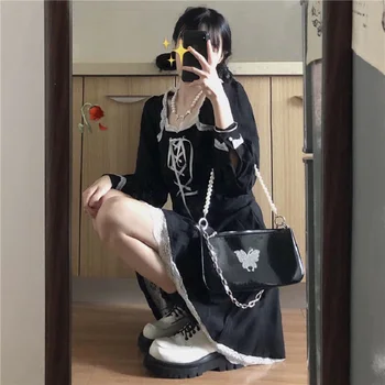 Victorian, Renaissance Negru Gotic Lolita Rochie De Femeile Japoneze Pătrat Închis Guler De Dantelă Rochie Bandaj Fete Vintage Punk Rochii