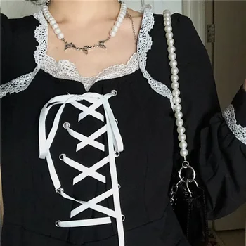 Victorian, Renaissance Negru Gotic Lolita Rochie De Femeile Japoneze Pătrat Închis Guler De Dantelă Rochie Bandaj Fete Vintage Punk Rochii