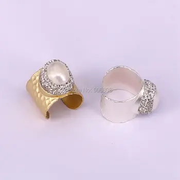 6PCS Naturale pearl inel neregulate perla pave cz jurul moda perla de aur / argint culoare inel reglabil moda bijuterii