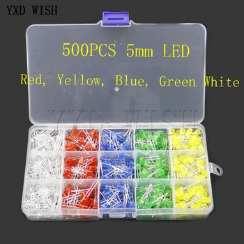 500PCS 5mm LED F5 Alb Roșu Verde Albastru Galben Portocaliu Diode Emițătoare de Lumină Kit Transparent Rotund 5Colors 5 mm LED