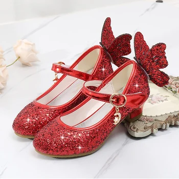 Pantofi din piele Pentru Fete Tocuri inalte Toamna Primavara pentru Copii Red Printesa de Nunta Pantofi cu Paiete, Sandale pentru Copii Pantofi de Dans Fata