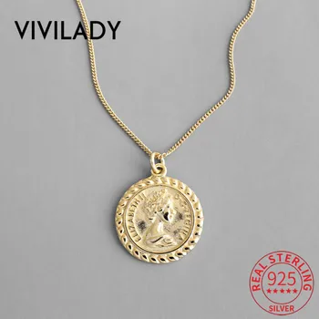 VIVILADYDouble Strat Rotund Eliza Medalie Pandantiv Argint 925 Femei Cravată Coliere Chic Șirag De Mărgele Lanț Pentru Femei Bijuterii