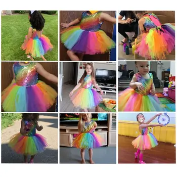 Copiii Dansează Cosplay Costum Printesa Curcubeu Plasă Cu Paiete Colorate Tutu Rochie De Bal Mascat Joc De Rol Haine Pentru Copii
