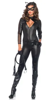 Femei Sexy Curse etanș cu Fermoar din Piele Faux Salopeta de Halloween Cosplay Costum de Catwoman Pisica Femei Cosplay Salopeta
