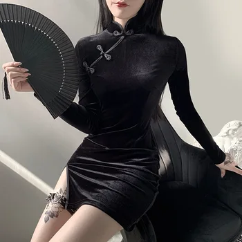 Cheongsam Modificat Întuneric Stil de Design Fata Rochie Scurta de sex Feminin Rochii de Epocă Retro Sexy Femei de Îmbrăcăminte