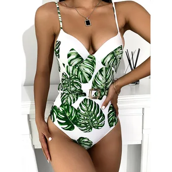 Femei Tropicale cu Frunze de Imprimare Sluit Curea-O singură Bucată de costume de Baie Push Up Căptușit Costume de baie Monokini Sexy costume de Baie Dropship