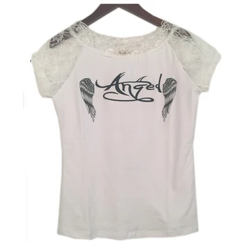 Tricou Femeie Albă de Bumbac Femei de Moda de Vara de Imprimare T-shirt Vesta Aripi de Înger Top Casual pentru Femei Dantelă cu Mânecă Scurtă T-shirt