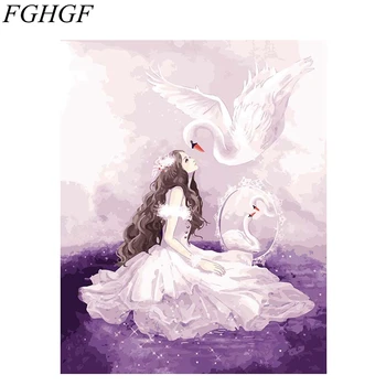 FGHGF Fara rama Fata si Swan DIY Digital Pictura De Numere pictate manual Pe Panza, Arta de Perete de Imagine Pentru Camera de zi
