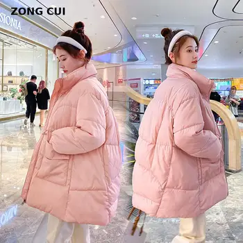 Iarna 2020 nou stand de guler cordon jos jacheta femei mijlociu și lung gros de bumbac captusit haina roz plus dimensiune stema