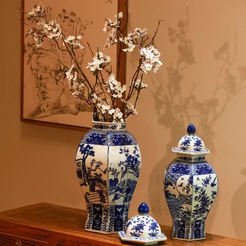 Clasic chinez Antic Handmade Albastru și Alb Hexagon Portelan Ghimbir Borcan Hotel Villa Decoratiuni de Arta