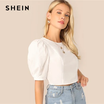 SHEIN Puff Sleeve Keyhole Înapoi Crop Top 2019 Sexy Alb Solid Slim Fit Vara Puff Maneca Scurta Femei Topuri si Bluze