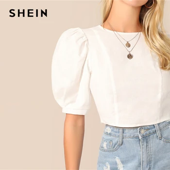 SHEIN Puff Sleeve Keyhole Înapoi Crop Top 2019 Sexy Alb Solid Slim Fit Vara Puff Maneca Scurta Femei Topuri si Bluze