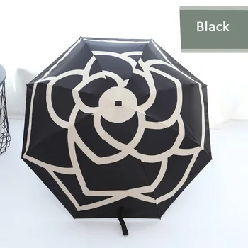Umbrele Femei Elegante Flori 3 Pliante Windproof Strat Negru Soare Ploaie Femei Umbrela cu Protectie UV Compact Umbrella