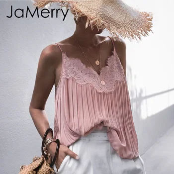 JaMerry Sexy broderie dantelă femei roz topuri Elegante v-gât de sex feminin camis rezervor de top Solid curele de spaghete doamnelor topuri tricouri 2020