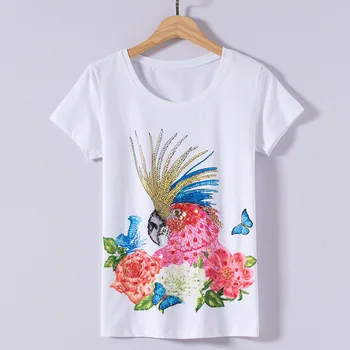 BabYoung Vara Topuri pentru Femei T-shirt Papagal Model cu Maneci Scurte din Bumbac Tricou Femme lucrate Manual cu Diamante O-gât de Desene animate de sex Feminin