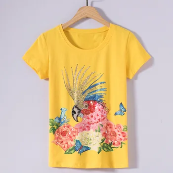 BabYoung Vara Topuri pentru Femei T-shirt Papagal Model cu Maneci Scurte din Bumbac Tricou Femme lucrate Manual cu Diamante O-gât de Desene animate de sex Feminin