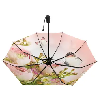 Frumos Trandafiri Roz si Fluturi Umbrela de Ploaie Femei Cadou Trei Umbrele Pliabile Windproof Automat Portabil de Călătorie Umbrelă