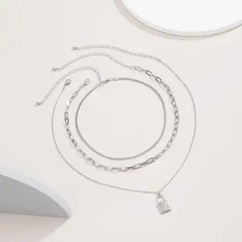 SHIXIN 3 Buc/Set Multi Strat Scurt Cravată Colar Lanț Cu Blocare Pandantiv Colier pentru Femei de Moda de Cristal Lacăt Colier 2020