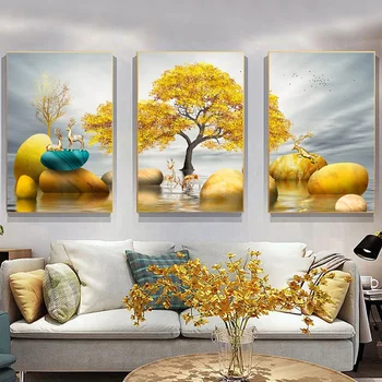 Tablou Abstract Golden Tree Elan Peisaj Panza Poster De Imprimare Arta De Perete Moderne De Lux Lumina Camera De Zi De Decorare Imagine