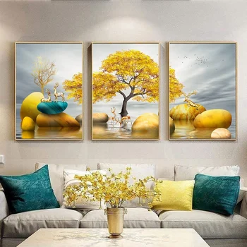 Tablou Abstract Golden Tree Elan Peisaj Panza Poster De Imprimare Arta De Perete Moderne De Lux Lumina Camera De Zi De Decorare Imagine