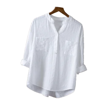 2021 Nouă Primăvară-Vară De Cauzalitate Alb Camasi Femei V-Neck Loose Bumbac Birou Doamnă Elegant, De Buzunar Dublu Bluza Tricouri Topuri
