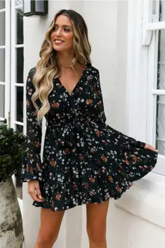Femei De Moda Boho Florale Șifon Flare Long Sleeve V-Neck Bandaj 2019 Noua Petrecere De Vara, Plaja Seara Scurte Rochie Mini Sundress
