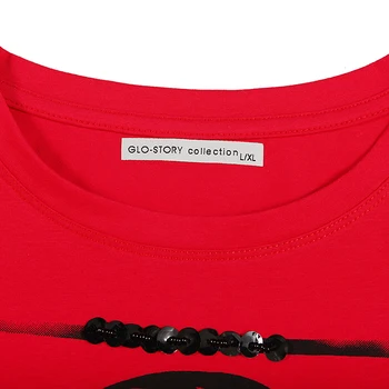 GLO-STORY Stil European Femei Casual Caracter ștrasuri din Mărgele Ciucure Maneci Scurte Roșu T-Shirt, Bluze Femei Haine WPO-8172