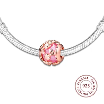 Se potrivește Pandora Bratara Argint 925 Sterling Silver Pink Frunze Decorative Farmecul Margele pentru a Face Bijuterii Kralen Perles