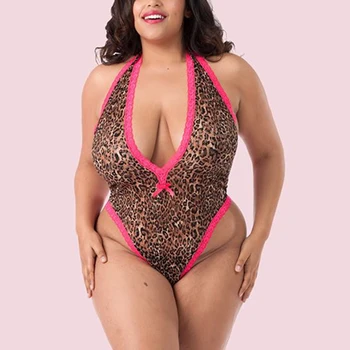 OMSJ Nou Sexy Fierbinte Halter Skinny V-gât Adânc Body Dantela Leopard Imprimate Arc de Moda Pijama Plus Dimensiune O singură Bucată Femei Salopetă