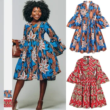 Haine femei Africane Știri Flare Sleeve V-neck Imprimare Doamnelor Moda Rochie Plus Dimensiune Rochii pentru Femei Rochii cu imprimeuri Africane