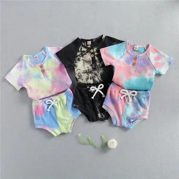 Copilul baietel Fete cu Nervuri de Îmbrăcăminte pentru Nou-născut Tie Dye Print Butonul O-neck T-shirt+pantaloni Scurți Casual Trening Tinutele 0-3Y
