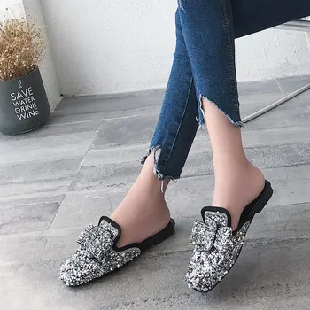 Moda Cristal Bling Catâri Papuci De Femei Pantofi Pentru Femeie Catâri Pantofi Pătrat Tocuri Joase Pantofi Elegante Femei Papuci De Casa Pantofi Casual