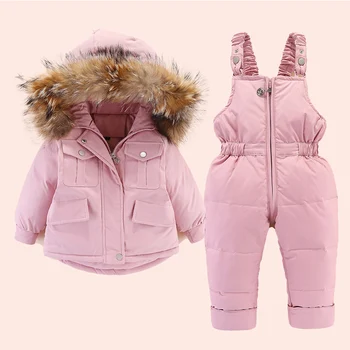 2 buc Set Fetita de iarnă în jos jacheta si salopeta pentru copii Îngroșa Cald blana guler de sacou pentru fete Copil snowsuit 0-4Year