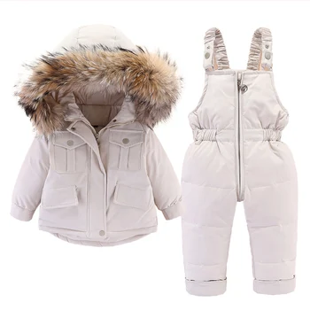 2 buc Set Fetita de iarnă în jos jacheta si salopeta pentru copii Îngroșa Cald blana guler de sacou pentru fete Copil snowsuit 0-4Year