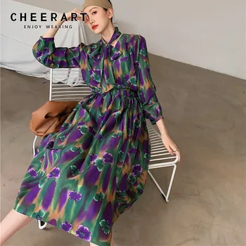 CHEERART Vintage imprimeu Floral Maneca Lunga Tricou Femei Top Și Bluza Gât Arc Verde Violet Buton de Cămașă de Moda coreeană
